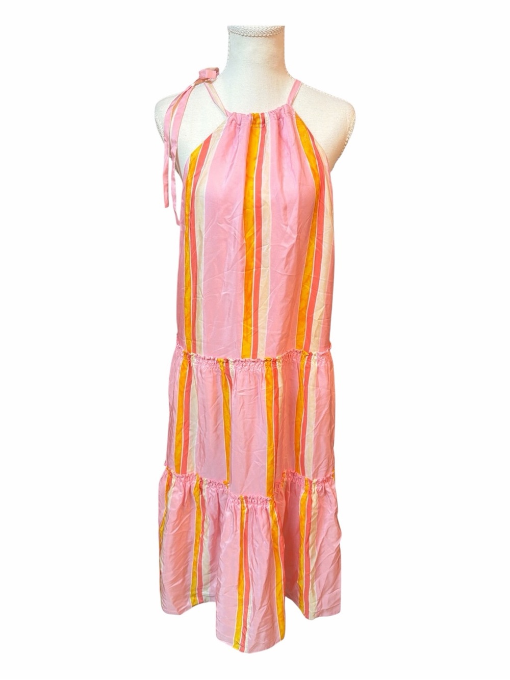 Club Monaco Amirra 100% Silk Tiered Halter Midi Dress NWT Pink Stripe Size 6